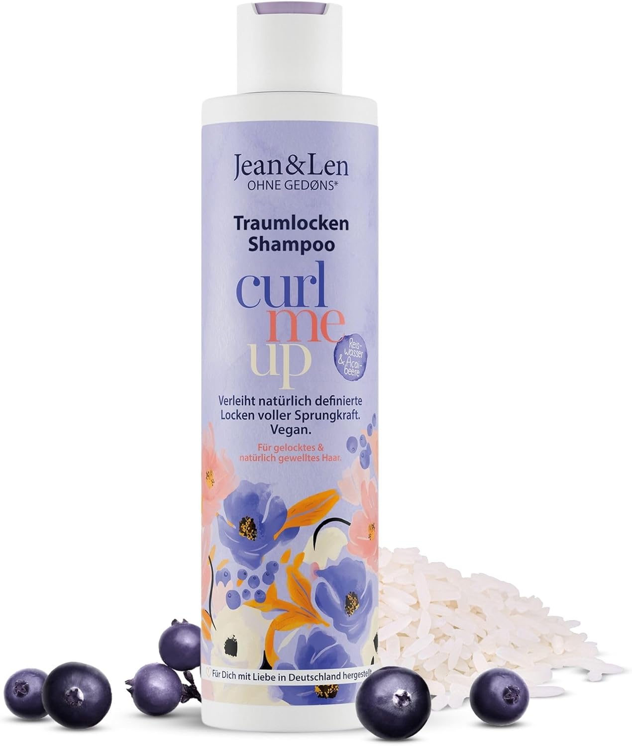 Dream Curls Shampoo risvatten & acaibär, för lockigt & vågigt hår, ger studs & volym, fruktig bärdoft, hårschampo, utan parabener & silikoner, vegan, 300 ml