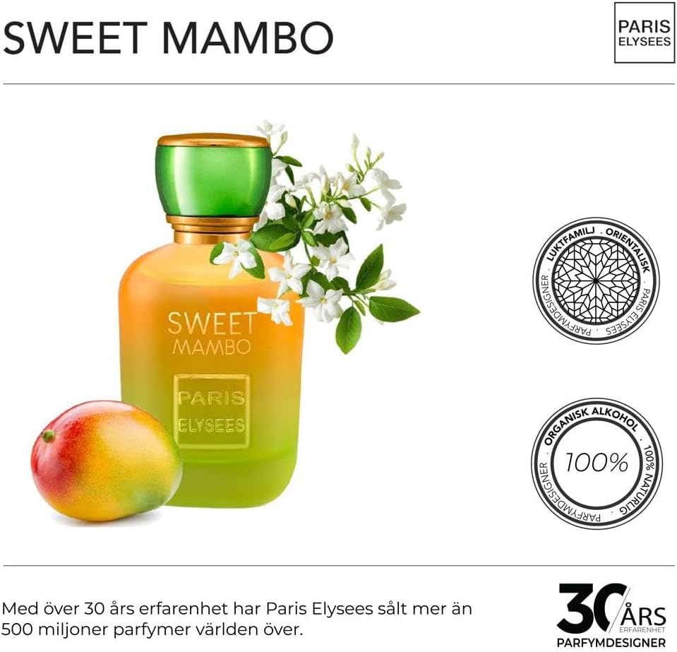 PARIS ELYSEES Sweet Mambo - Eau de Toilette - Perfume unisex - Oriental - Mango & Bergamot -Spray Bottle 100ml - Includes Refillable 5ml - Metal Travel Bottle