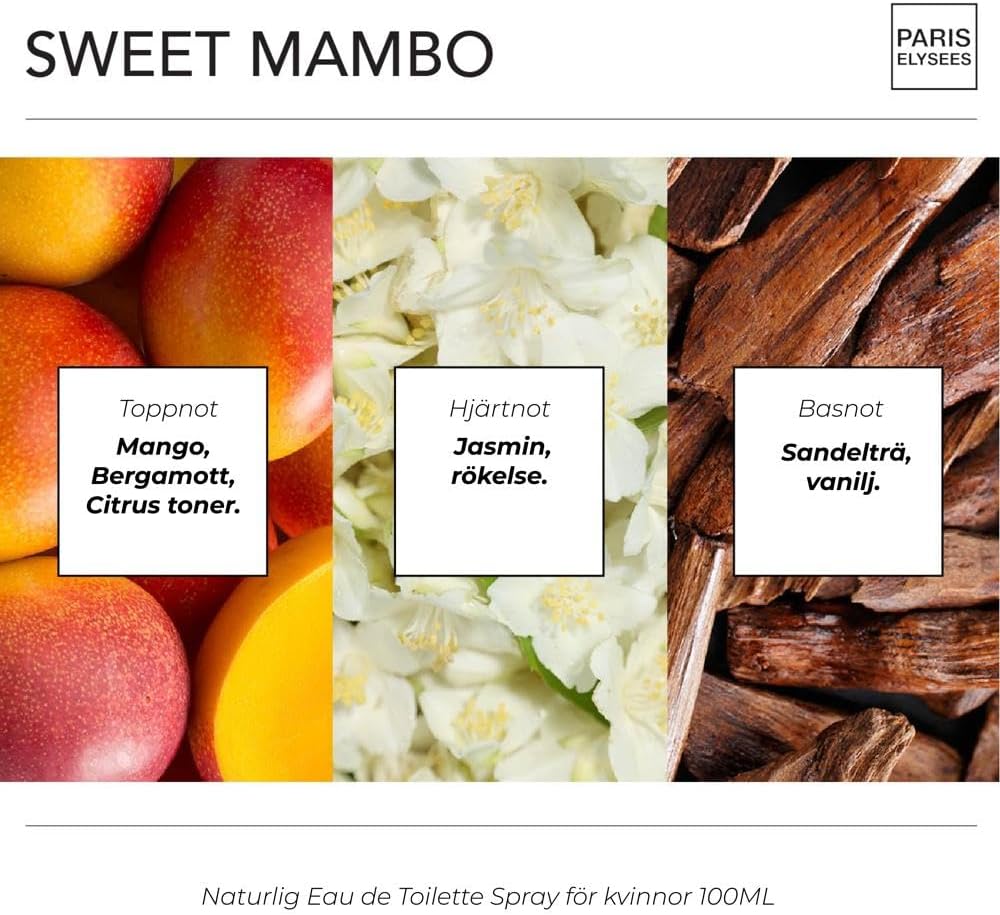 PARIS ELYSEES Sweet Mambo - Eau de Toilette - Perfume unisex - Oriental - Mango & Bergamot -Spray Bottle 100ml - Includes Refillable 5ml - Metal Travel Bottle