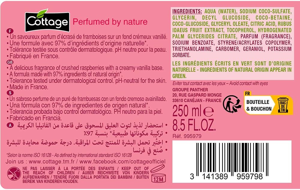 Cottage Fuktgivande mjölkdusch - hallonkräm - 97% ingredienser av naturligt ursprung - tillverkad i Frankrike 250 ml
