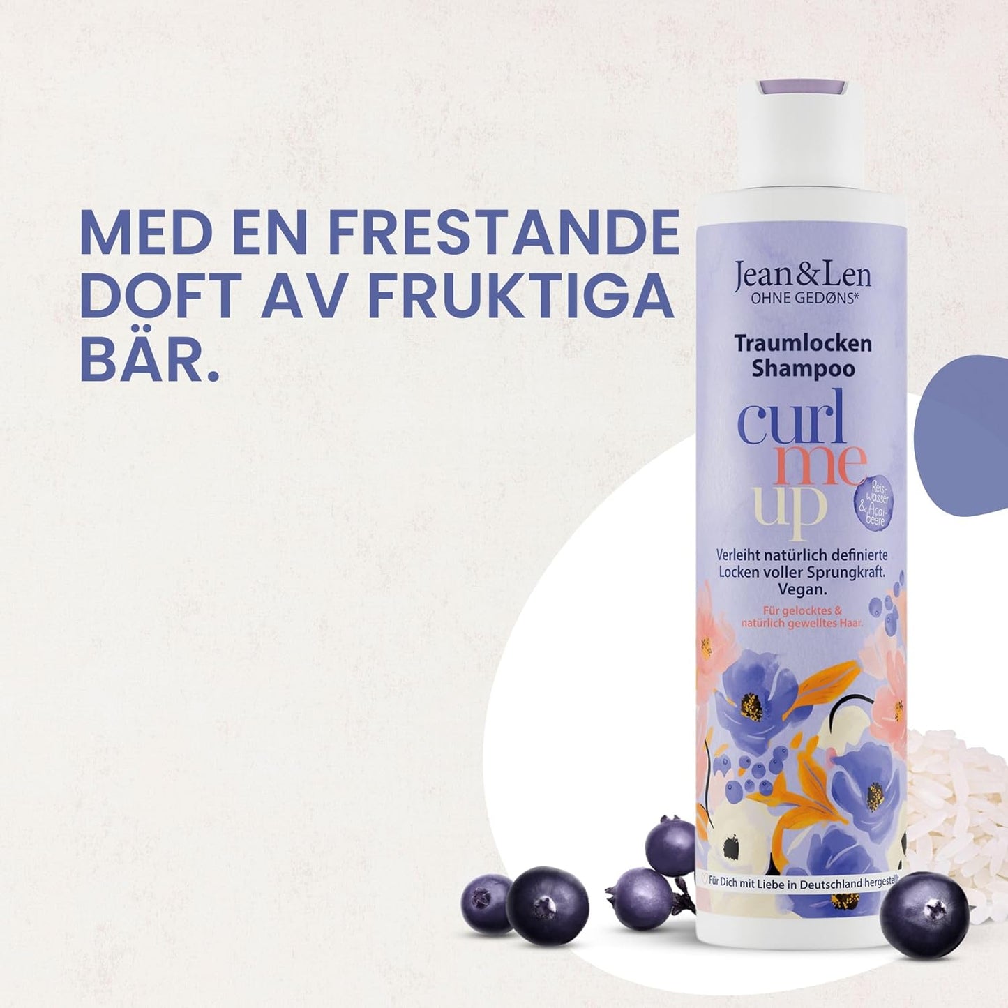 Dream Curls Shampoo risvatten & acaibär, för lockigt & vågigt hår, ger studs & volym, fruktig bärdoft, hårschampo, utan parabener & silikoner, vegan, 300 ml
