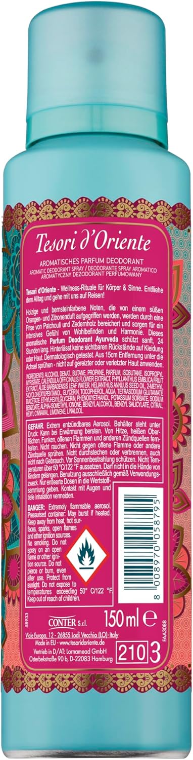 Tesori d'Oriente Parfum Deodorant "Ayurveda", 150 ml, aromatisk deodorantspray med amlafrukt och patchouli, doft att drömma, 24 timmars skydd, wellnessritual för kropp och sinnen