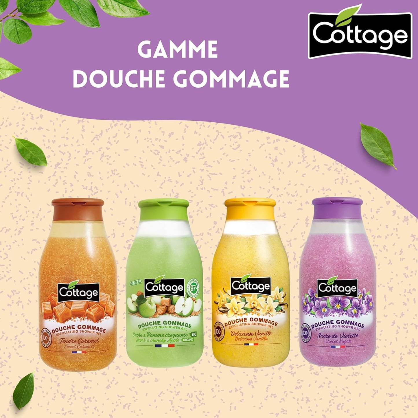 COTTAGE – dusch peeling lila sockerkorn peeling 100% naturlig – 270 ml