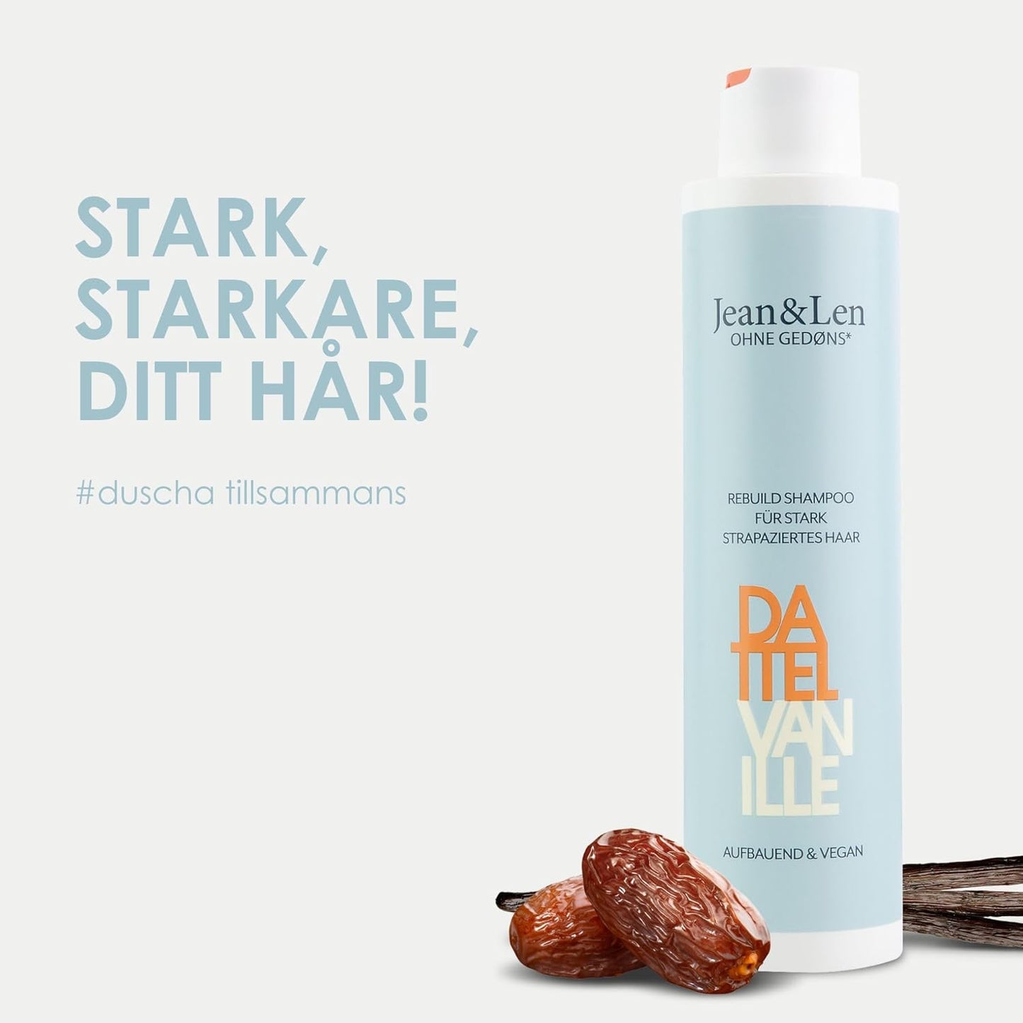 Shampoo Date & Vanilla, för kraftigt skadat hår, gör att håret ser starkare och glansigare ut, med vaniljdoft, schampo utan silikoner & parabener, vegan, 300 ml
