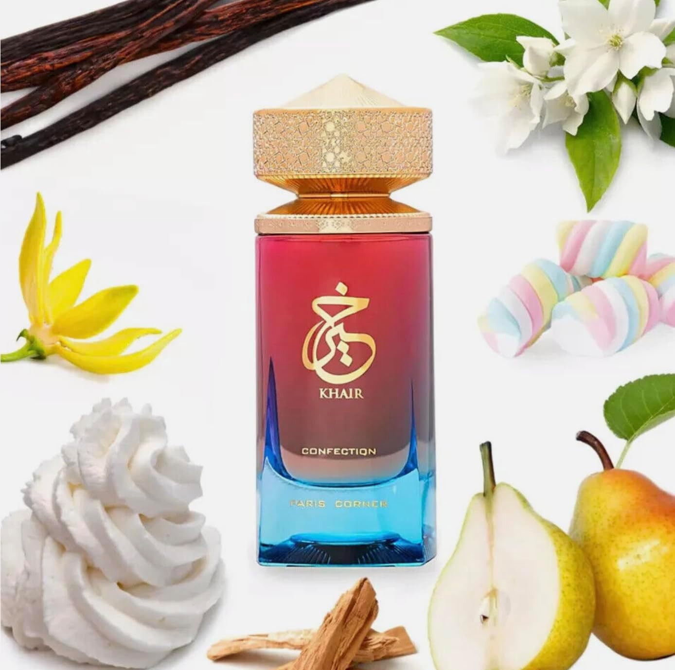 Khair Confection 100 ml parfym, arabisk parfym för kvinnor, Eau De Parfum inkluderar 5 ml atomizer, söt och blommig doft med noter av päron, vispad grädde, jasmin och marshmallow (Felicity)