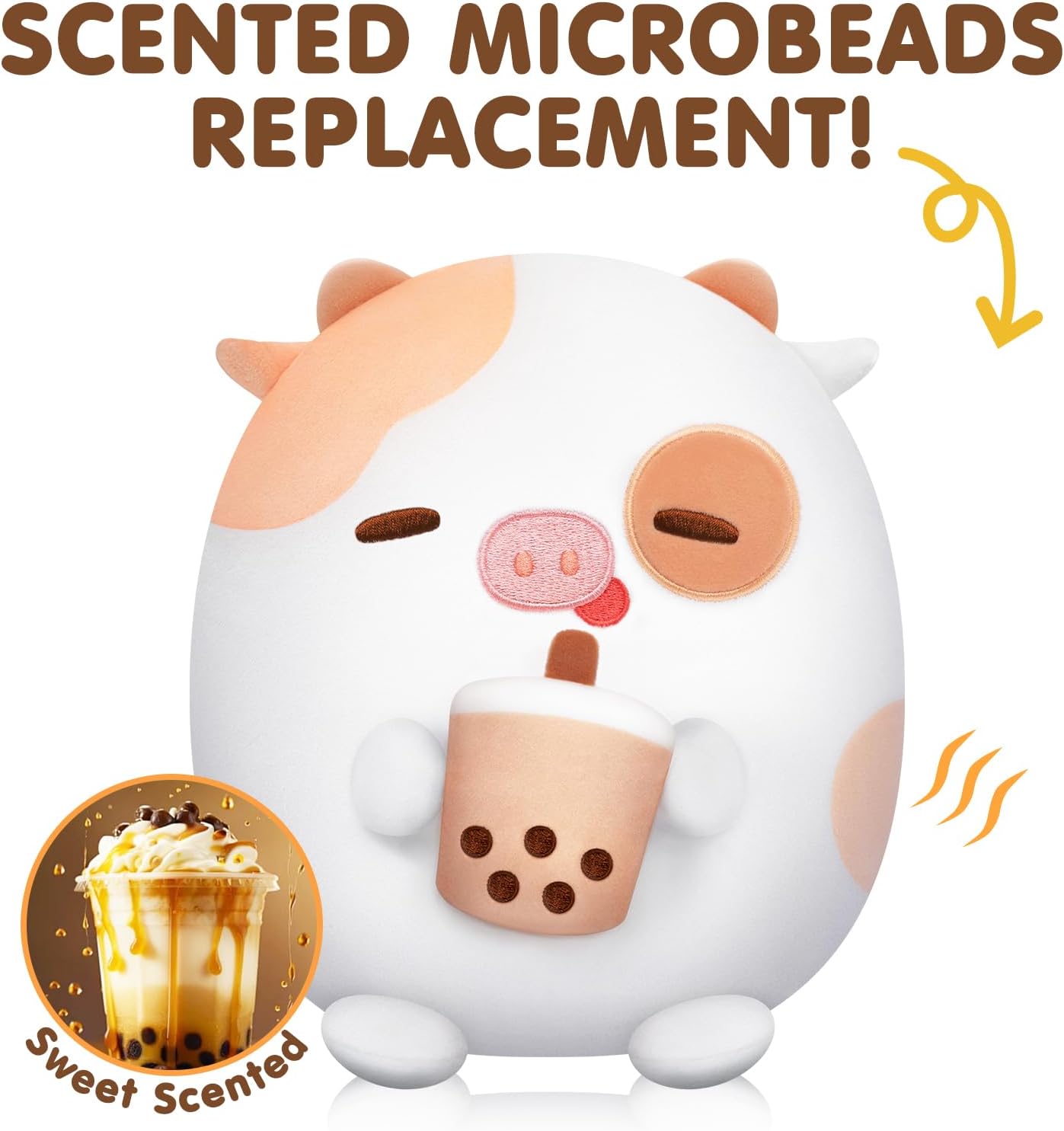 Cute Milk Tea Cow Plush with Vanilla Scented Micro Beads, Squishy