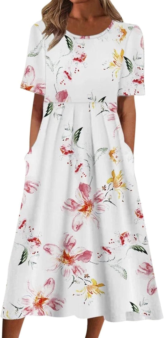 Sommarklänning med blommigt tryck, flertal mönster/färger längre lev.tid