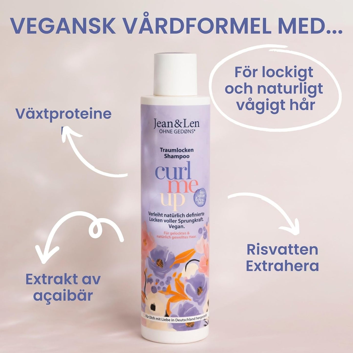 Dream Curls Shampoo risvatten & acaibär, för lockigt & vågigt hår, ger studs & volym, fruktig bärdoft, hårschampo, utan parabener & silikoner, vegan, 300 ml