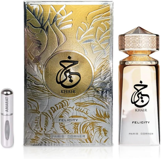 Khair Confection 100 ml parfym, arabisk parfym för kvinnor, Eau De Parfum inkluderar 5 ml atomizer, söt och blommig doft med noter av päron, vispad grädde, jasmin och marshmallow (Felicity)