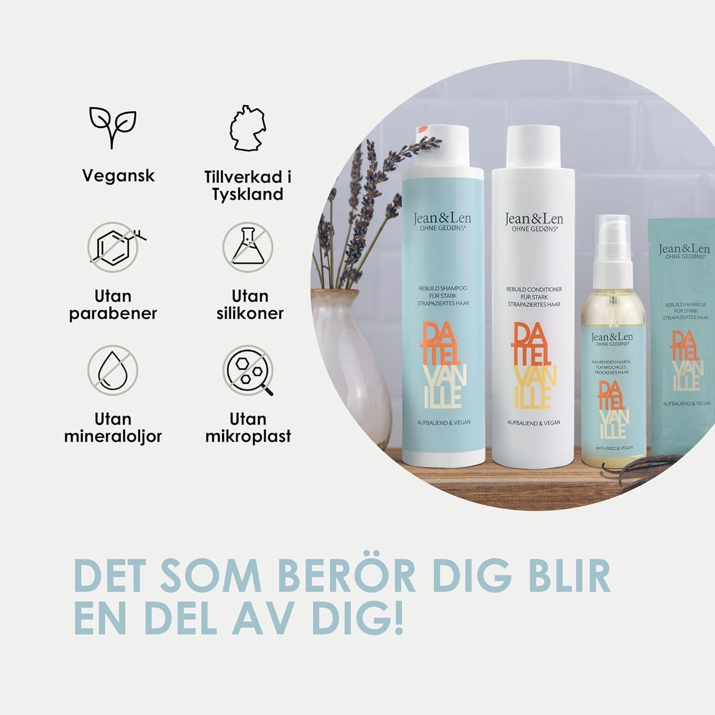 Shampoo Date & Vanilla, för kraftigt skadat hår, gör att håret ser starkare och glansigare ut, med vaniljdoft, schampo utan silikoner & parabener, vegan, 300 ml