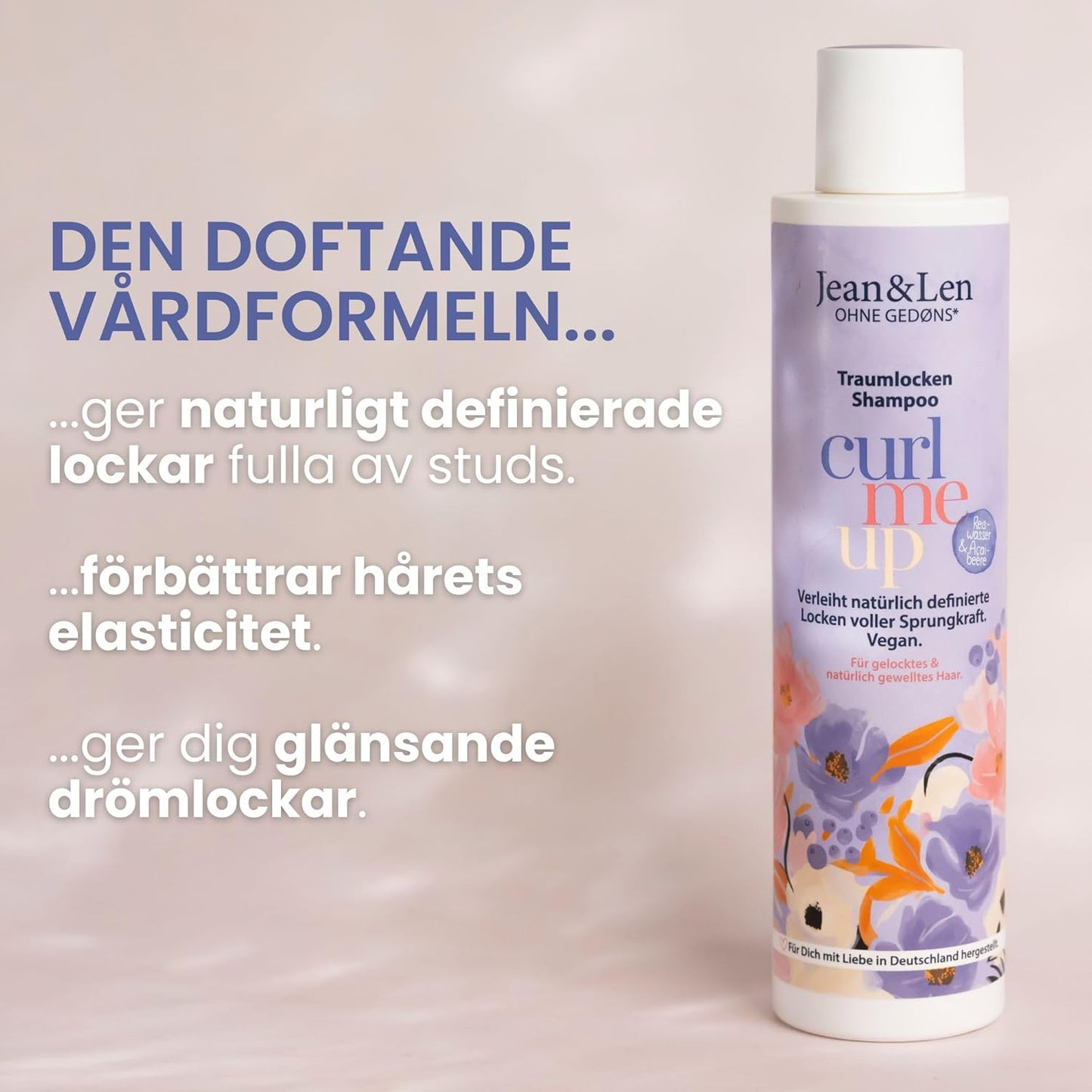 Dream Curls Shampoo risvatten & acaibär, för lockigt & vågigt hår, ger studs & volym, fruktig bärdoft, hårschampo, utan parabener & silikoner, vegan, 300 ml