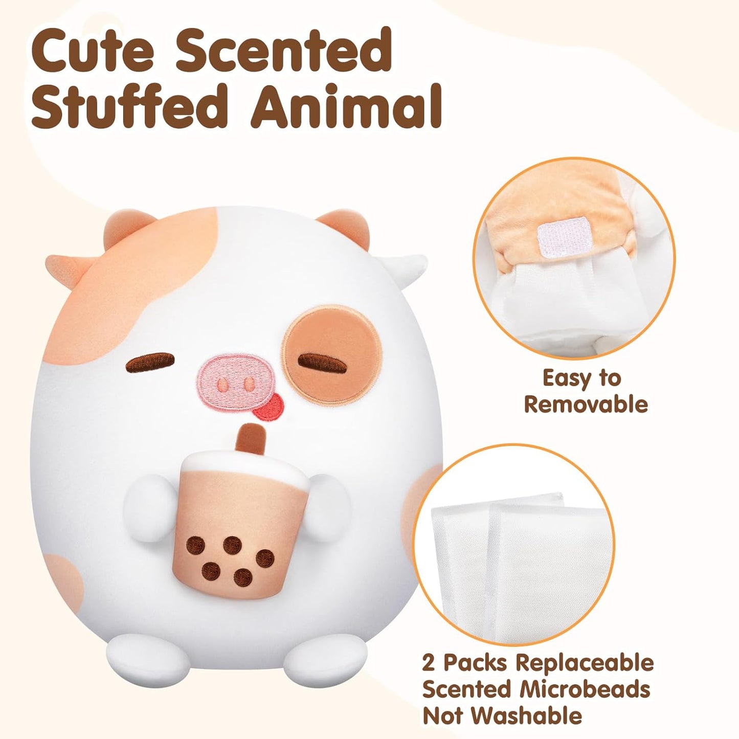 Cute Milk Tea Cow Plush with Vanilla Scented Micro Beads, Squishy