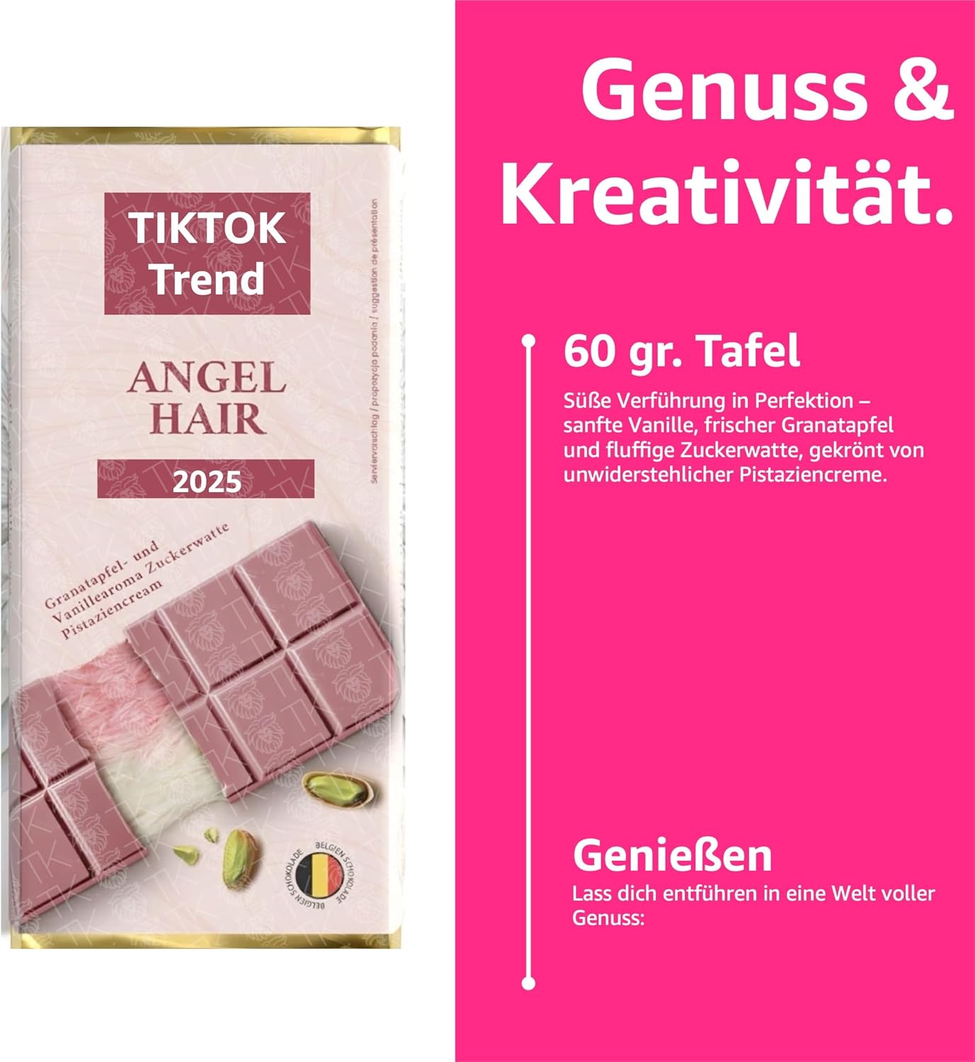 Angel Hair Chocolate rosa - med granatäpple, vaniljsmak, angel hair sockervadd & pistagekräm - 60 gram bar - Dubai Chocolate 2.0