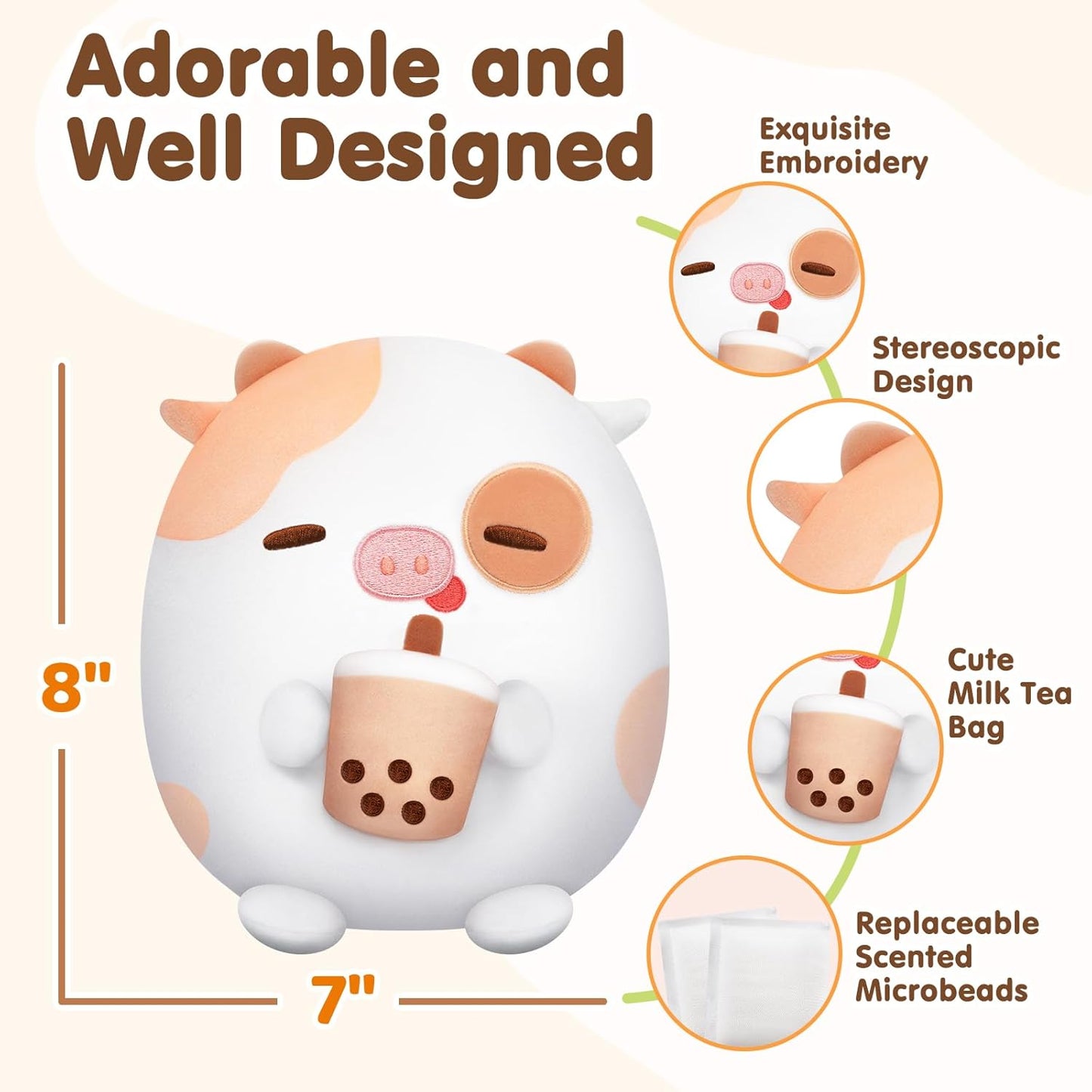 Cute Milk Tea Cow Plush with Vanilla Scented Micro Beads, Squishy