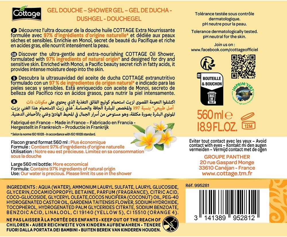 Cottage Duscholja extra närande med Monoi, torr och känslig hud, 97% naturliga ingredienser 560 ml