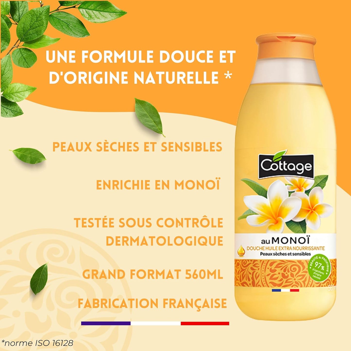 Cottage Duscholja extra närande med Monoi, torr och känslig hud, 97% naturliga ingredienser 560 ml