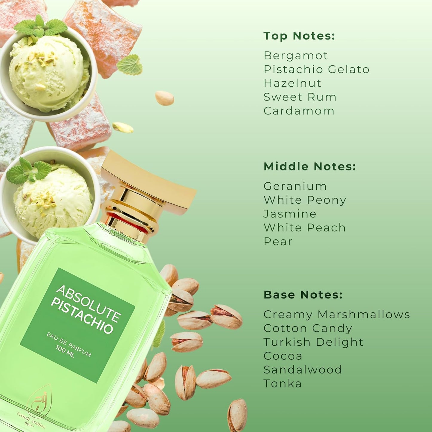 Absolute Pistachio Eau de Parfum 100 ml – parfym för kvinnor och män – Gourmand parfym Yum Pistachio Gelato, jasmin, bergamott, krämig hasselnöt
