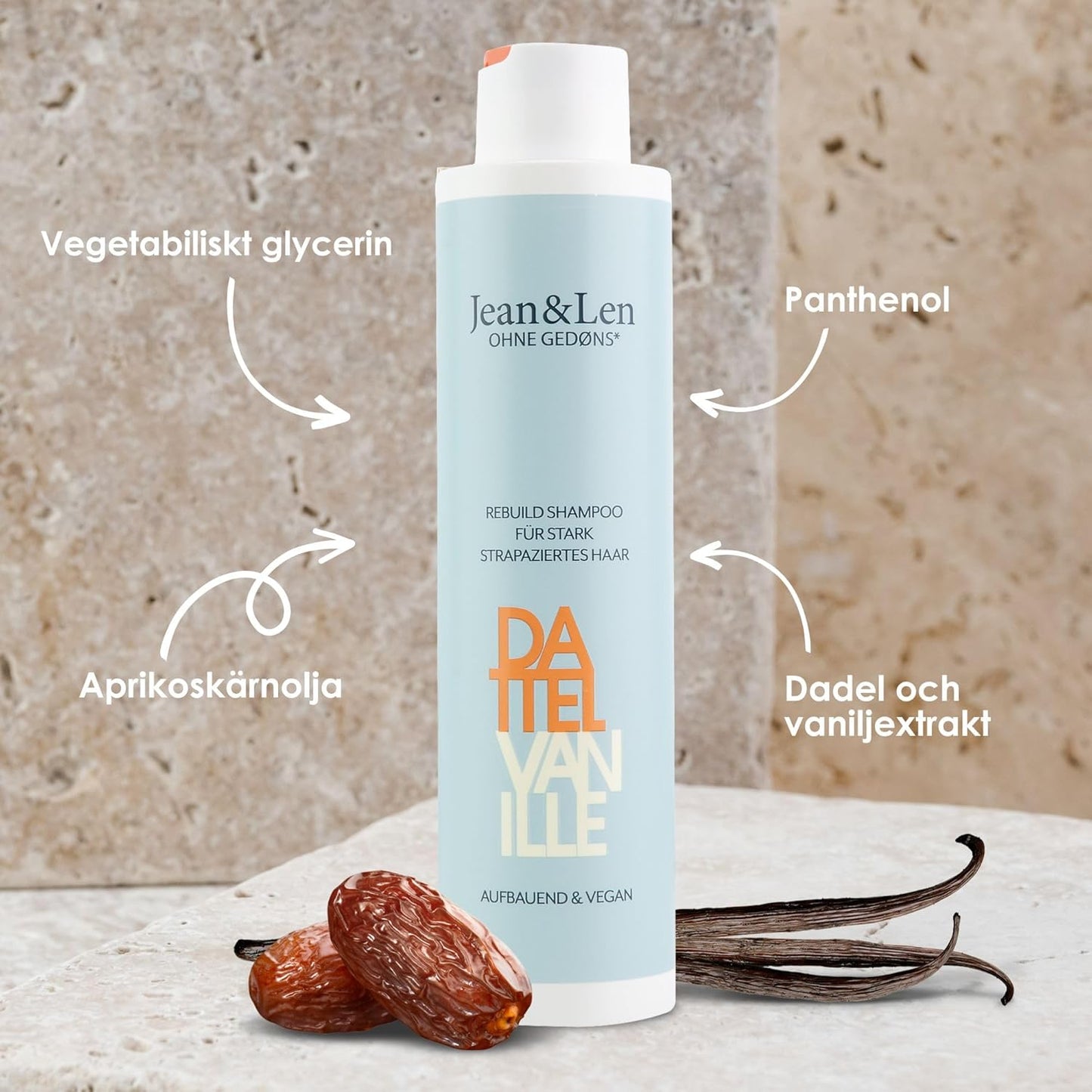 Shampoo Date & Vanilla, för kraftigt skadat hår, gör att håret ser starkare och glansigare ut, med vaniljdoft, schampo utan silikoner & parabener, vegan, 300 ml
