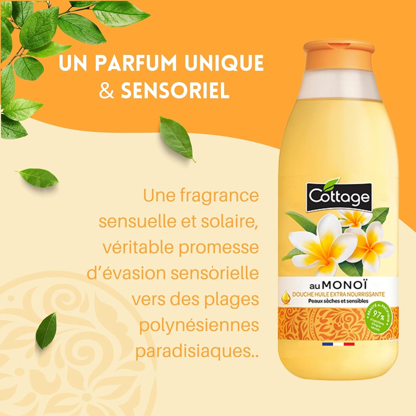 Cottage Duscholja extra närande med Monoi, torr och känslig hud, 97% naturliga ingredienser 560 ml
